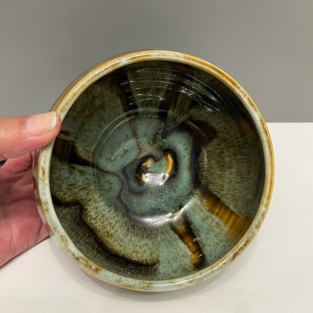 Vintage MCM HULL POTTERY 1950-60s Hand Thrown Drip Glaze Green Brown Stoneware - Picture 11 of 14